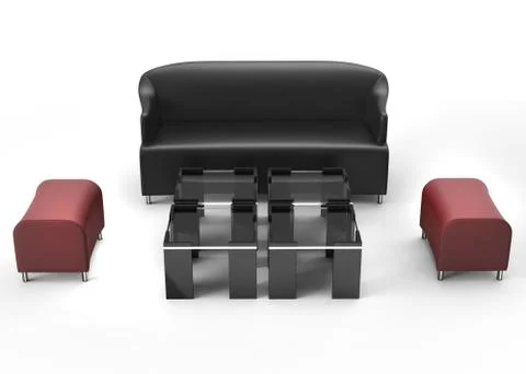 Black sofa with red ottomans on sides and glass coffee tables in front of it Stock Illustration
