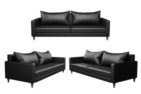 Black sofa three perspective layout with pillows, 3d renderings, isolated on  Stock Photos