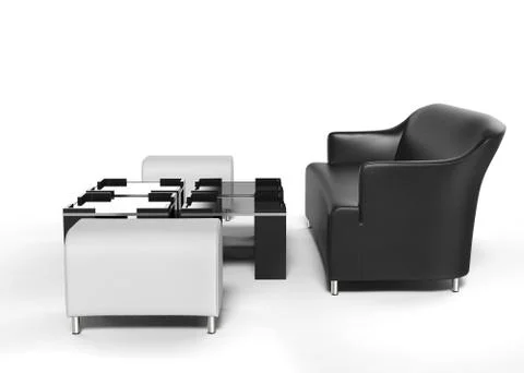 Black sofa with white ottomans on the side and coffee tables in front of it - Stock Illustration