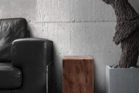 Black sofa wooden table with root sculpture in gray living room Stock Photos