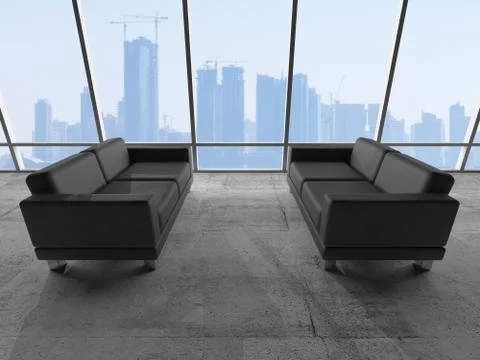 Black sofas, 3d illustration with cityscape skyline 库存插图
