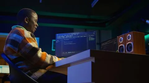 Black software engineer writes complex binary code scripts on computer Stock Photos