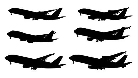 Black Solid Commercial Airliner Flight Silhouettes Set of Six Stock Illustration
