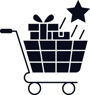 Black Solid Shopping Cart with Gift Box and Star for E-commerce Special Offe Stock Illustration