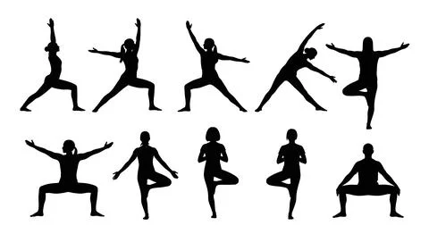 Black Solid Standing Yoga Poses Silhouette Set of Six Stock Illustration