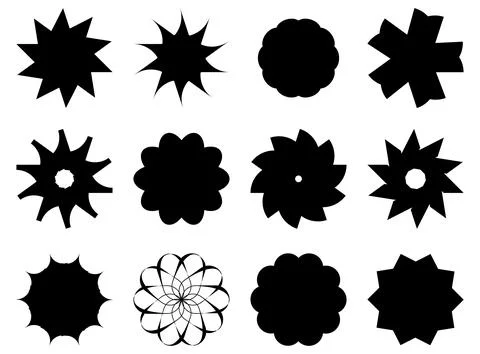 Black solid star symbols, monochrome flower silhouettes, geometric dark icons Stock-Illustration