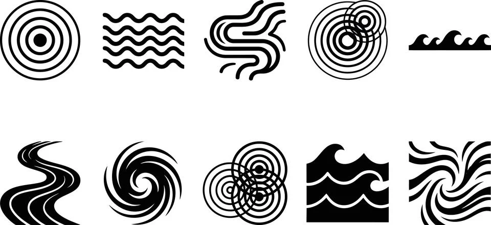 Black solid wave icons and circular ripple shapes collection. Stock Illustration