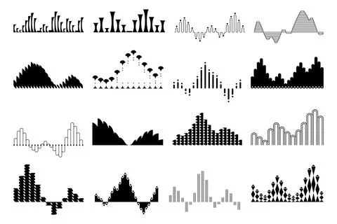 Black sound waves set, audio digital equalizer technology. Voice line waveform Stock Illustration