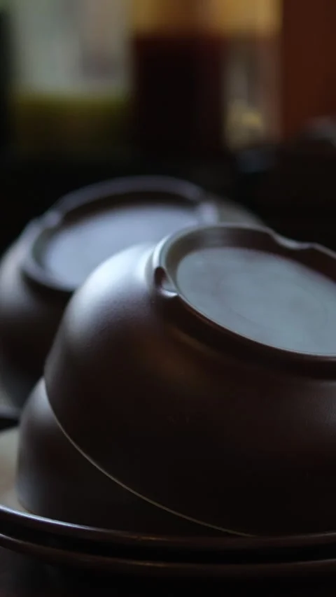 Black soup bowls empty turn the dishes over Stock Footage 312445909