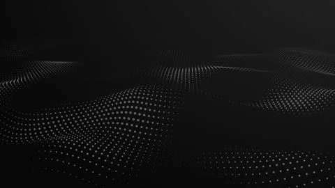 Black space waves of glowing particles with smooth flowing motion. Monochro.. Illustrazione stock