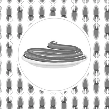 Black spaghetti against  backdrop of  cuttlefish. Vector illustration of past Stock Illustration