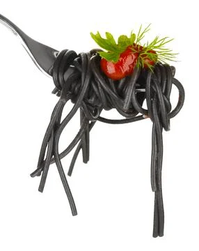 Black spaghetti on fork isolated on white Stock Photos