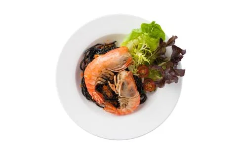 Black spaghetti with river prawn Stock Photos
