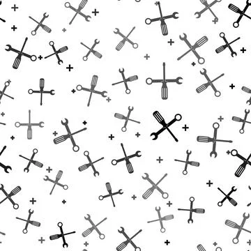Black Spanner and screwdriver tools icon isolated seamless pattern on white Stock Illustration