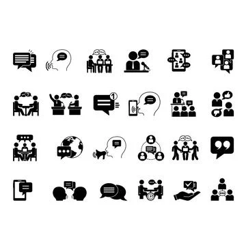 Black Speaking Icon Set. Vector Illustrations Communication, Comments, Cons.. Stock Illustration