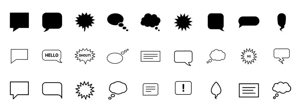 Black Speech and Thought Bubble Icon Collection Stock Illustration