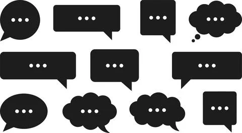 Black speech bubble silhouettes for messaging interface and communication c.. Illustrazione stock