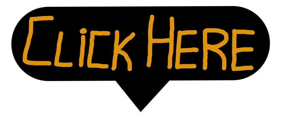 Black speech bubble with the text click here written in orange. Downward ar.. Stock Illustration