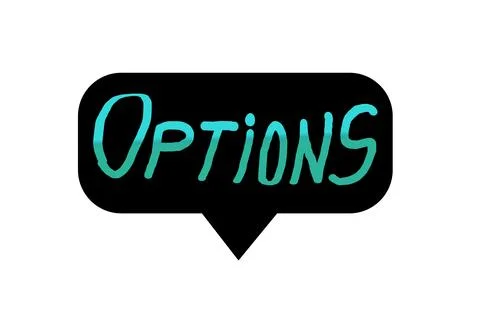 Black speech bubble with the text Options written in green. Downward arrow... Stock Illustration