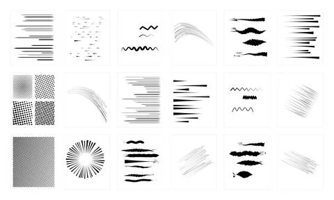 Black speed lines and comic halftone textures set on white background for d.. Stock Illustration