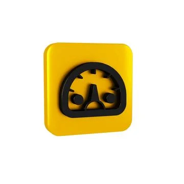 Black Speedometer icon isolated on transparent background. Yellow square button. Stock Illustration