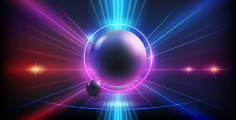 Black Sphere on Abstract Red and Blue Neon Background with Bright Ray Halo Stock Illustration