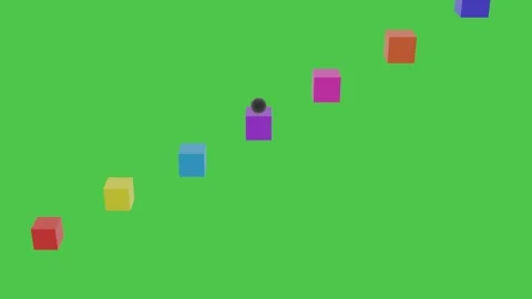 Black sphere animation bouncing up colorful 3D cubes staircase green backgrou Stockbeeldmateriaal 343798184