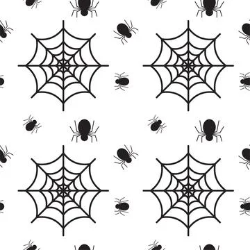 Black Spider and cobweb texture on white color background. Seamless pattern.. Stock Illustration