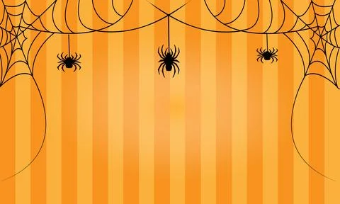 Black Spider Icons Hanging on Web with Orange Striped Background Иллюстрация