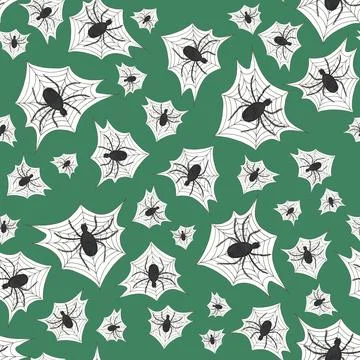 A black spider sits on a web against a background of brilliant green. Seamles Illustrazione stock