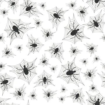 A black spider sits on a web. Seamless pattern. Halloween symbols. Isolated o Illustrazione stock