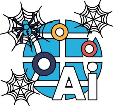 Black spider webs float around bold AI letters イラスト素材