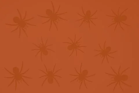 Black spiders on an orange background, gradient background and silhouettes .. Fotos Stock