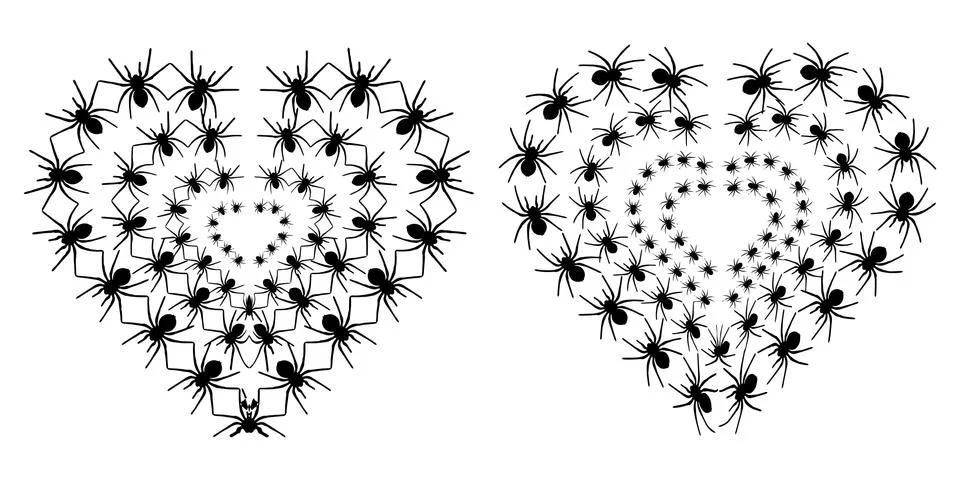 Black spiders in the shape of heart. Black heart pattern. Vector illustration Stock Illustration