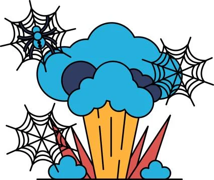 Black spiderwebs float near clouds and grass Illustrazione stock