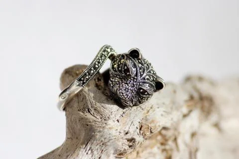 Black spinel diamond silver ring in the form of a cat's head Stock Photos