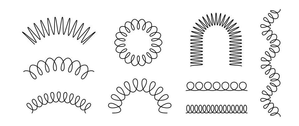 Black spiral spring set. Wire coil springs collection. Thin wire frames, zigzag Stock Illustration