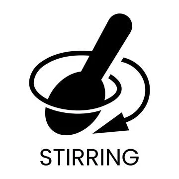 Black spoon with circular arrow and text S T I R I N G stirring mixing Stock Illustration