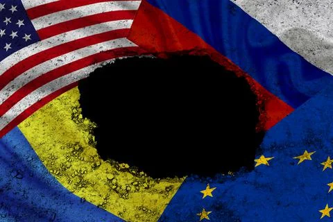 Black spot on the background of the flags of the USA, Russia, the European Union Stock Illustration