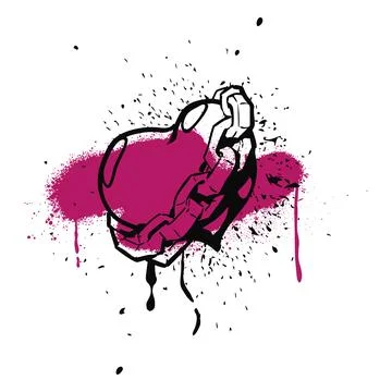 Black spray paint chained heart with Kiss lettering on pink smear, vector Stock Illustration