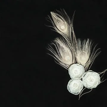 Black Square Background With White Ranunculus Flowers And Feathers Stock Photos