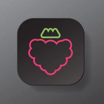 Black square button with raspberry fruit outline icon, pink berry on the plate 스톡 일러스트