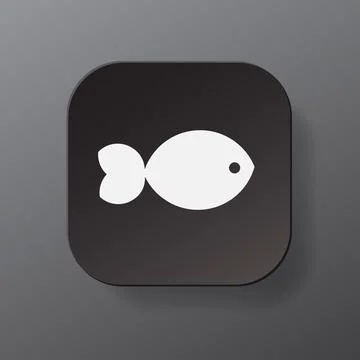 Black square button with white fish outline icon, white fish on the plate. Flat Stock Illustration