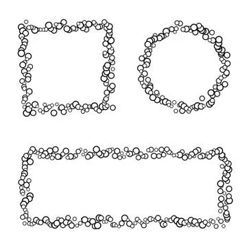 Black square, circle and rectangle border made of small circles of random siz Stock Illustration