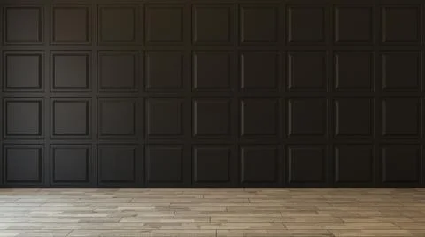Black square decorative wall panels with wooden parquet 3d illustration Stock Illustration