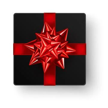 Black square gift box with big shiny red bow ribbon top view isolated on white Illustrazione stock