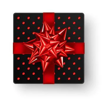 Black square gift box with big shiny red bow ribbon and glossy polka dot design 스톡 일러스트