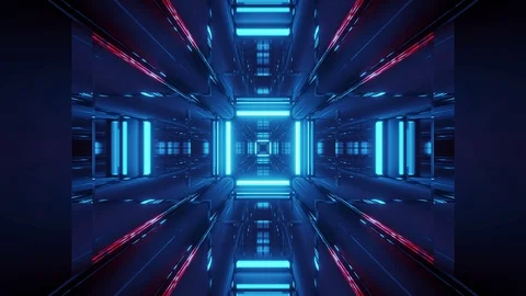 Black Square Motion Tunnel, Red and Blue Lights and Mirror Reflections, Stock Footage 128947896