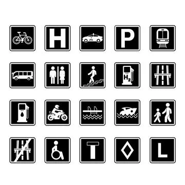 Black Square Road Signs. Vector Icons. Parking, Train Station, Hospital, To.. Stock Illustration