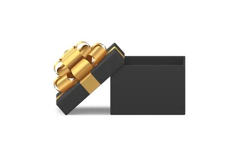Black squared open luxury gift box with golden bow ribbon festive present 3.. Stock Illustration